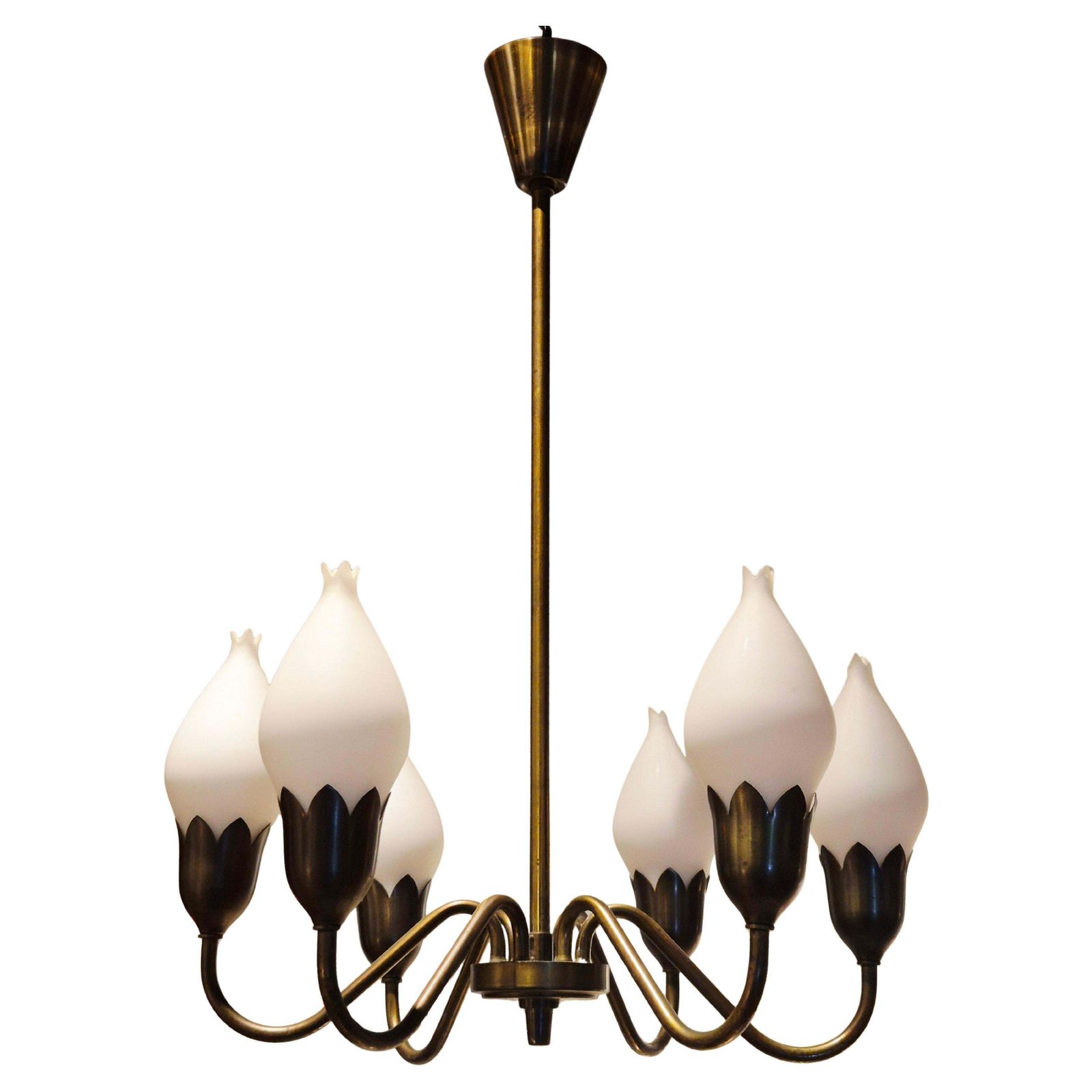 Midcentury Classic, Chandelier "Tulip" In Brass & Glass By Fog & Morup, Denmark