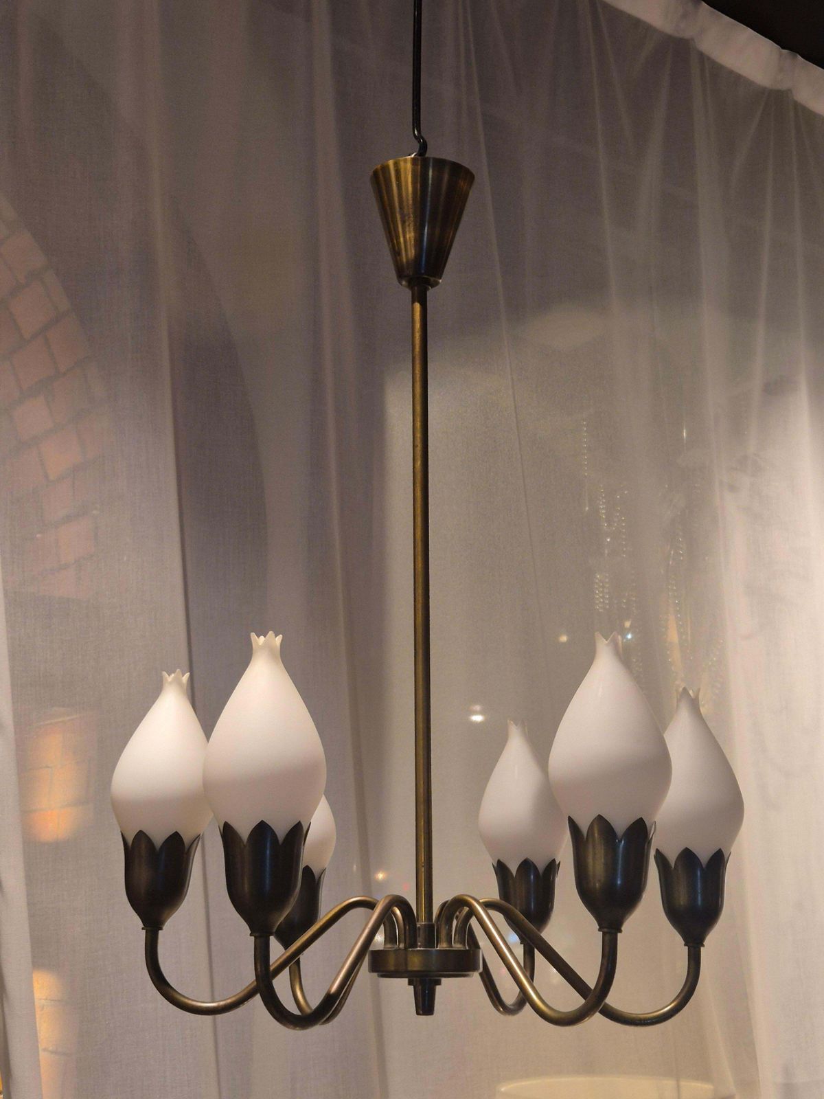 Midcentury Classic, Chandelier "Tulip" In Brass & Glass By Fog & Morup, Denmark photo furniture