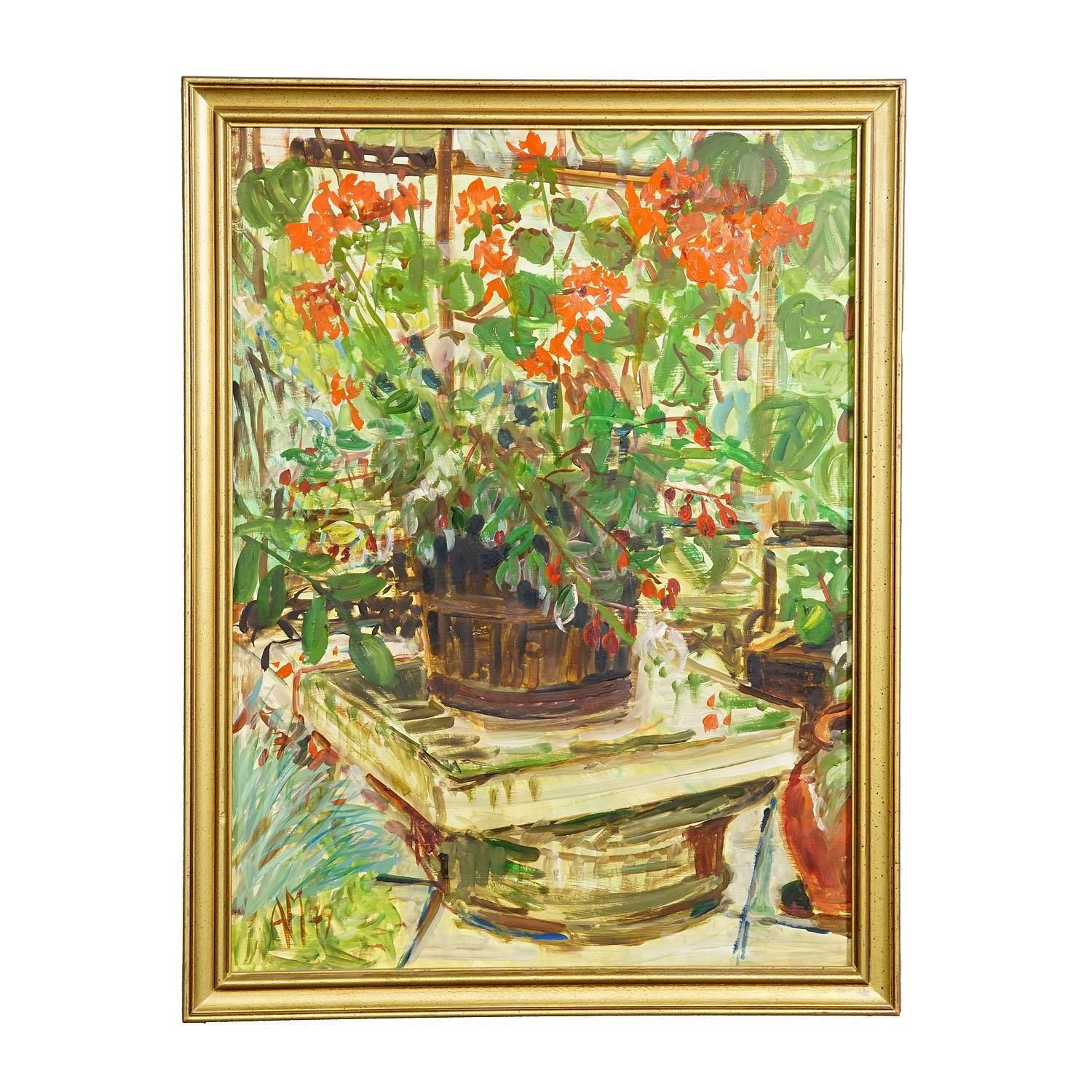 Alexander Michael Oil Painting – Still Life Geraniums, 1977 photo furniture