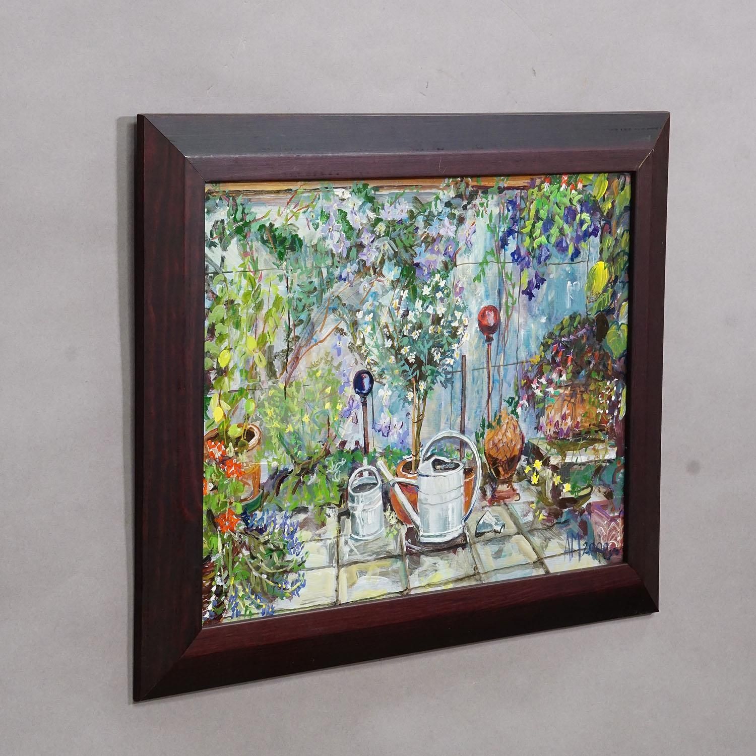 Garden Clematis With Watering Cans, 2000 – Oil Painting By Alexander Michael photo for sale