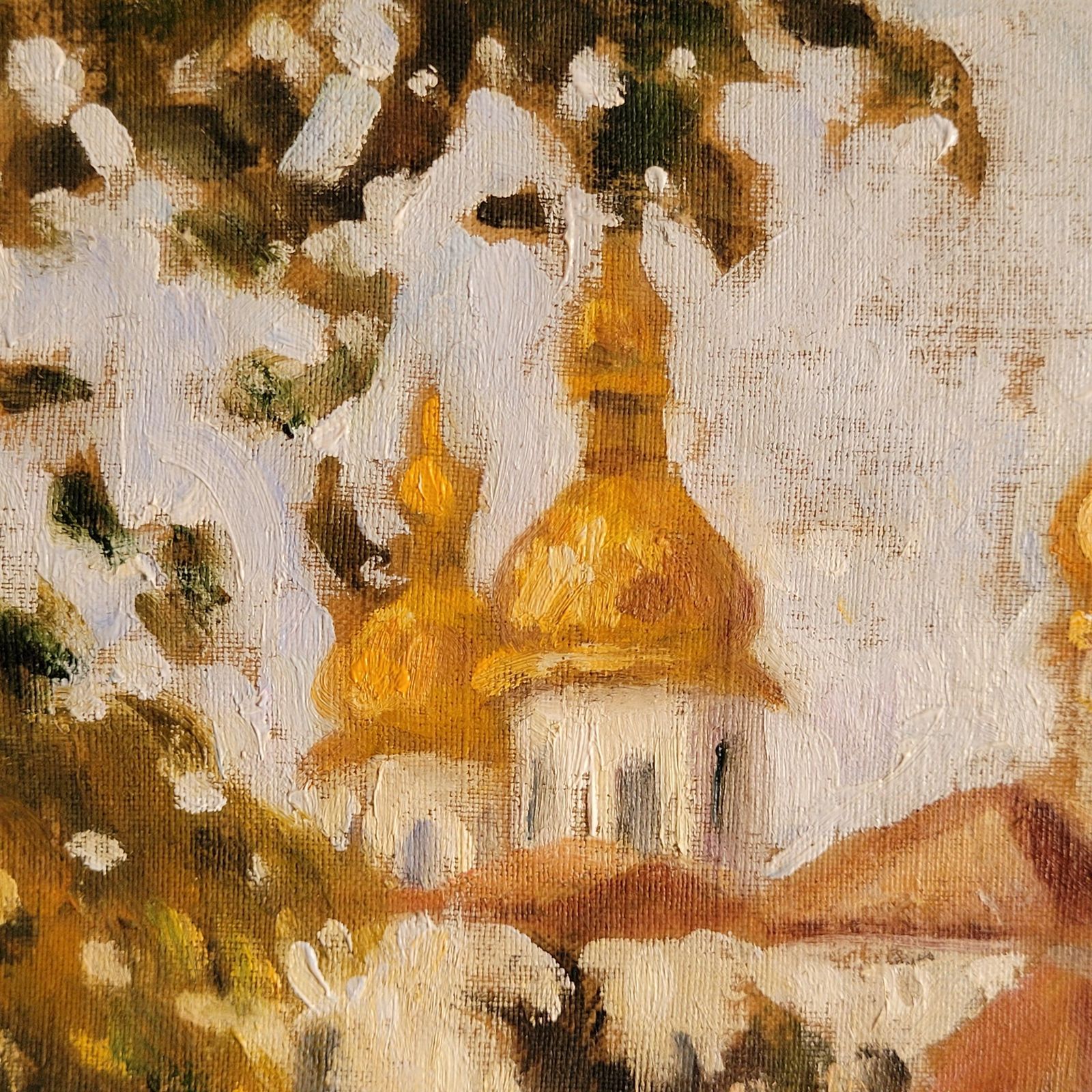 Antique Eastern European Domed Church Oil Painting On Canvas, Framed, 41.5cm From The 1960s By Marie Lucie Nessi photo vintage