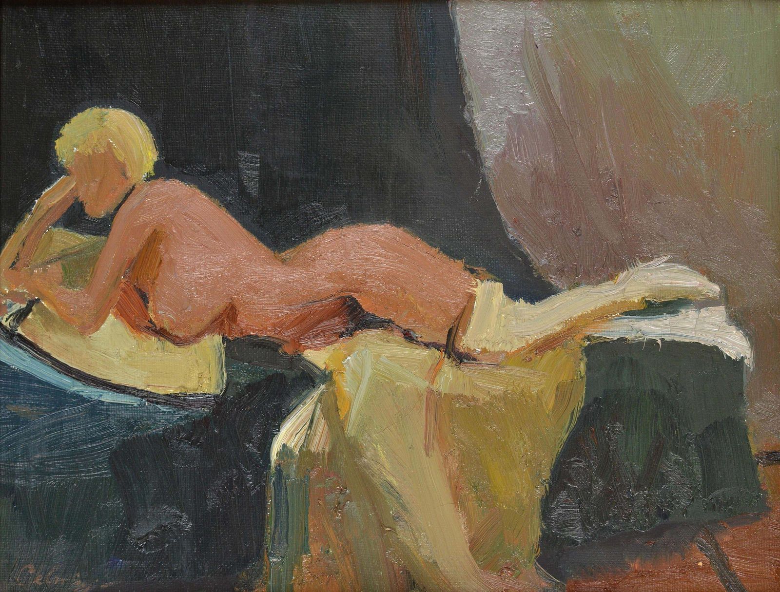 Bruno Celminsnude In White Socks. Oil On Canvas. 34.5 X44 Cmlate 20th Century