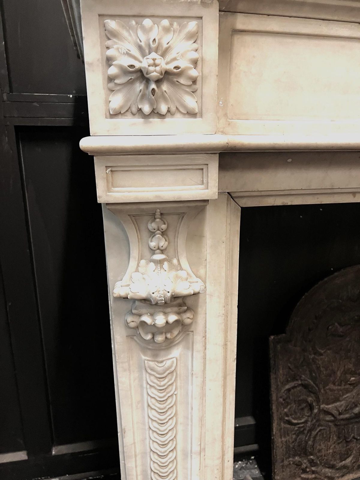 photo furniture White Carrara Marble Mantel Chimneypiece, Carved With Foliage And Coins