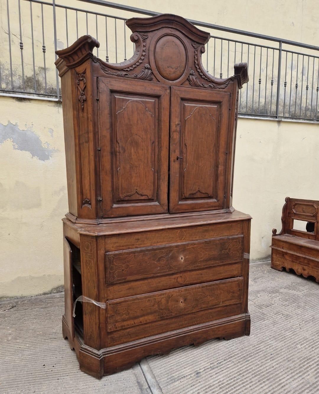 Double Body Walnut Trumeau Cabinet With Boxwood Inlays, Italy photo for sale