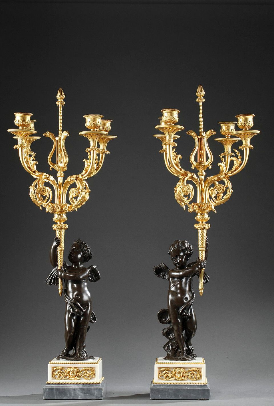Pair Of Louis XVI Style Candelabra, In Gilt Bronze And Patina