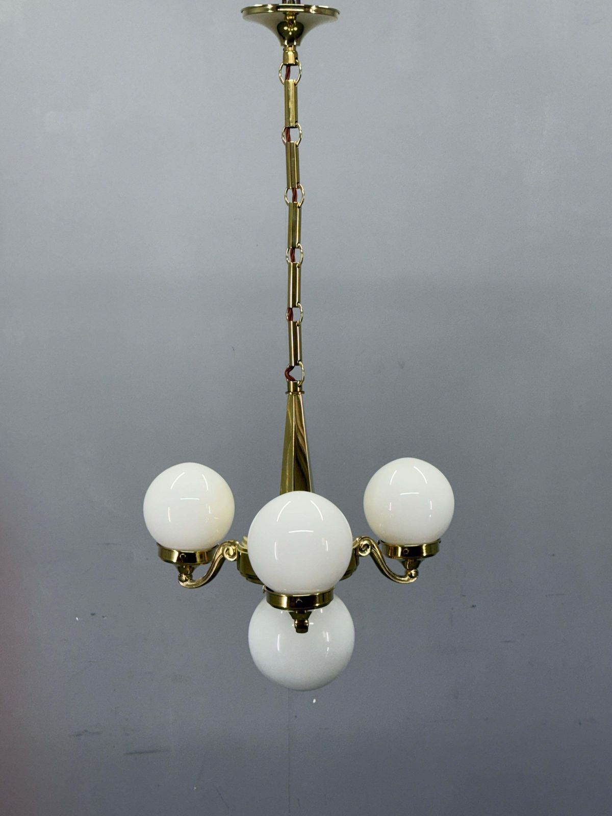 Art Deco Brass And Opaline Glass Chandelier, 1930s photo furniture