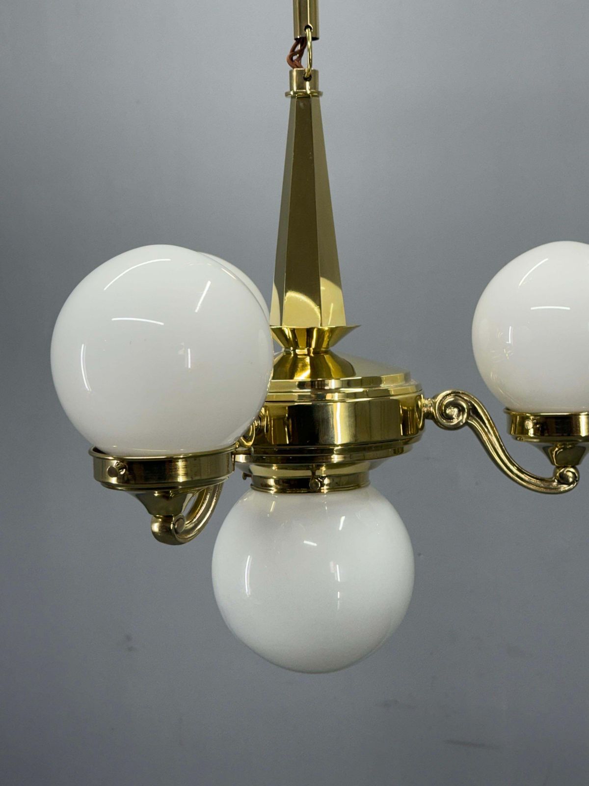 Art Deco Brass And Opaline Glass Chandelier, 1930s photo Lighting