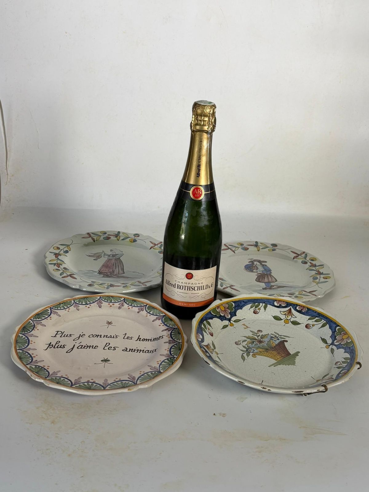 Set Of 4 Antique Pottery Plates, Decorative Motifs, France, Early 20th Century photo for sale