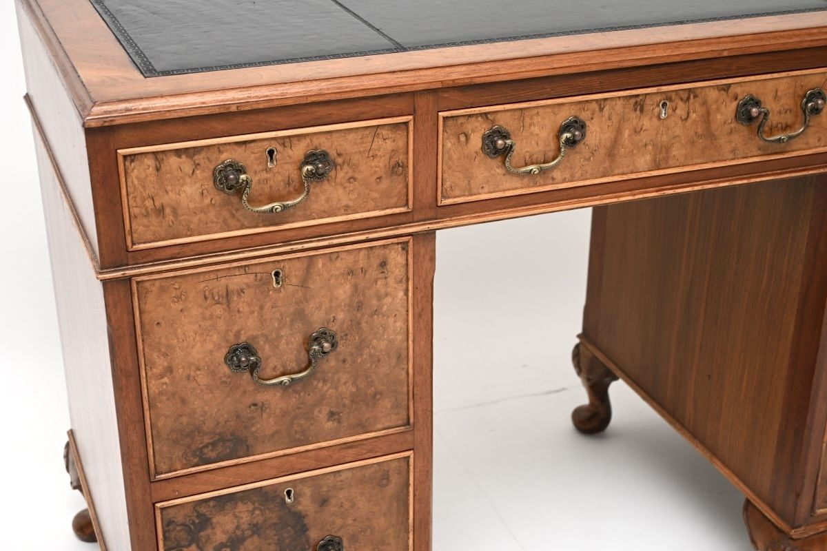 Antique Burr Walnut Leather Top Pedestal Desk photo Furniture