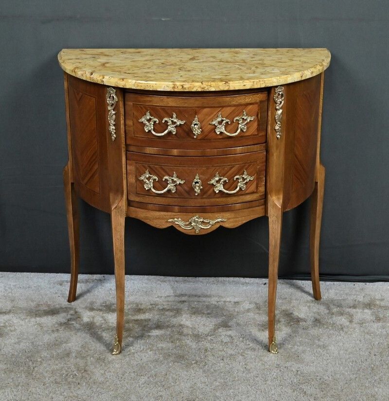 Small Marquetry Half Moon Commode, Louis XV Louis XVI Transition Style – Early 20th Century photo vinterior