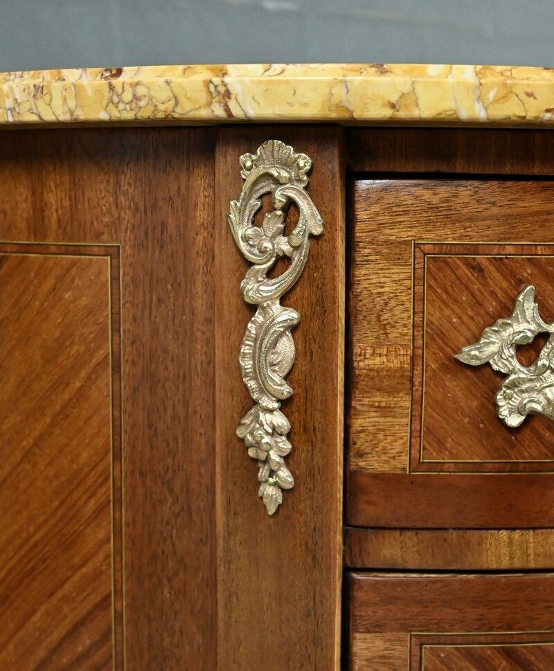 Small Marquetry Half Moon Commode, Louis XV Louis XVI Transition Style – Early 20th Century photo vintage