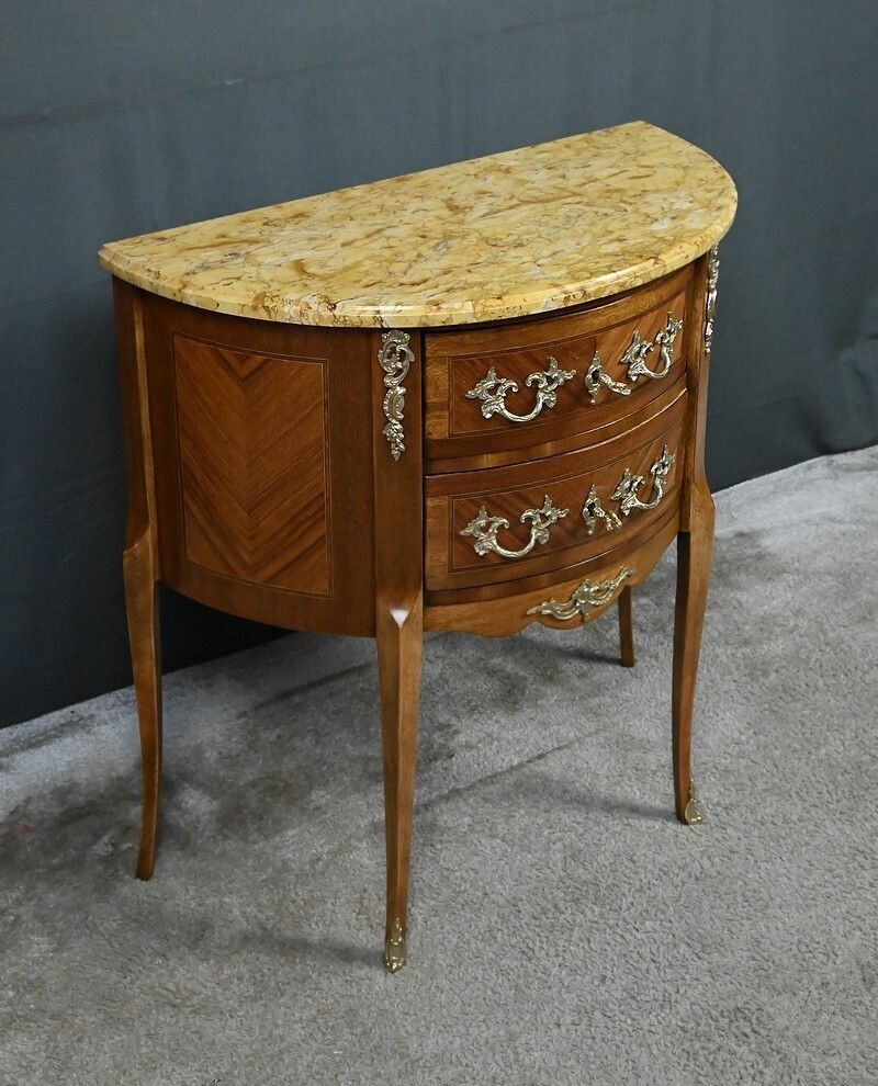 Furniture Small Marquetry Half Moon Commode, Louis XV Louis XVI Transition Style – Early 20th Century photo