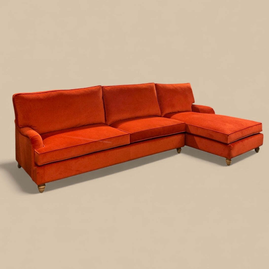 L Shaped Velvet Sofa Burnt Orange Ex Display Right Handed photo Furniture