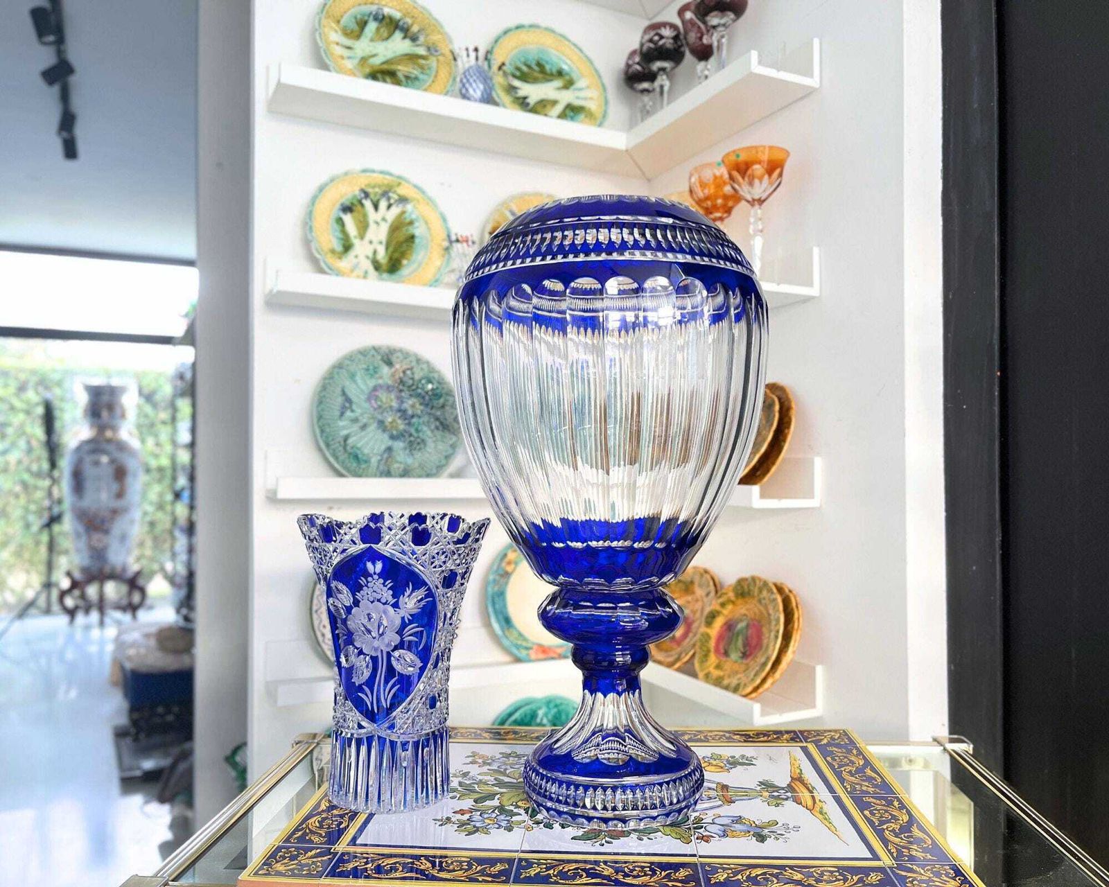 Monumental Lorraine Crystal Vase | 1 Pc | Blue Overlay Pedestal photo Home Decor