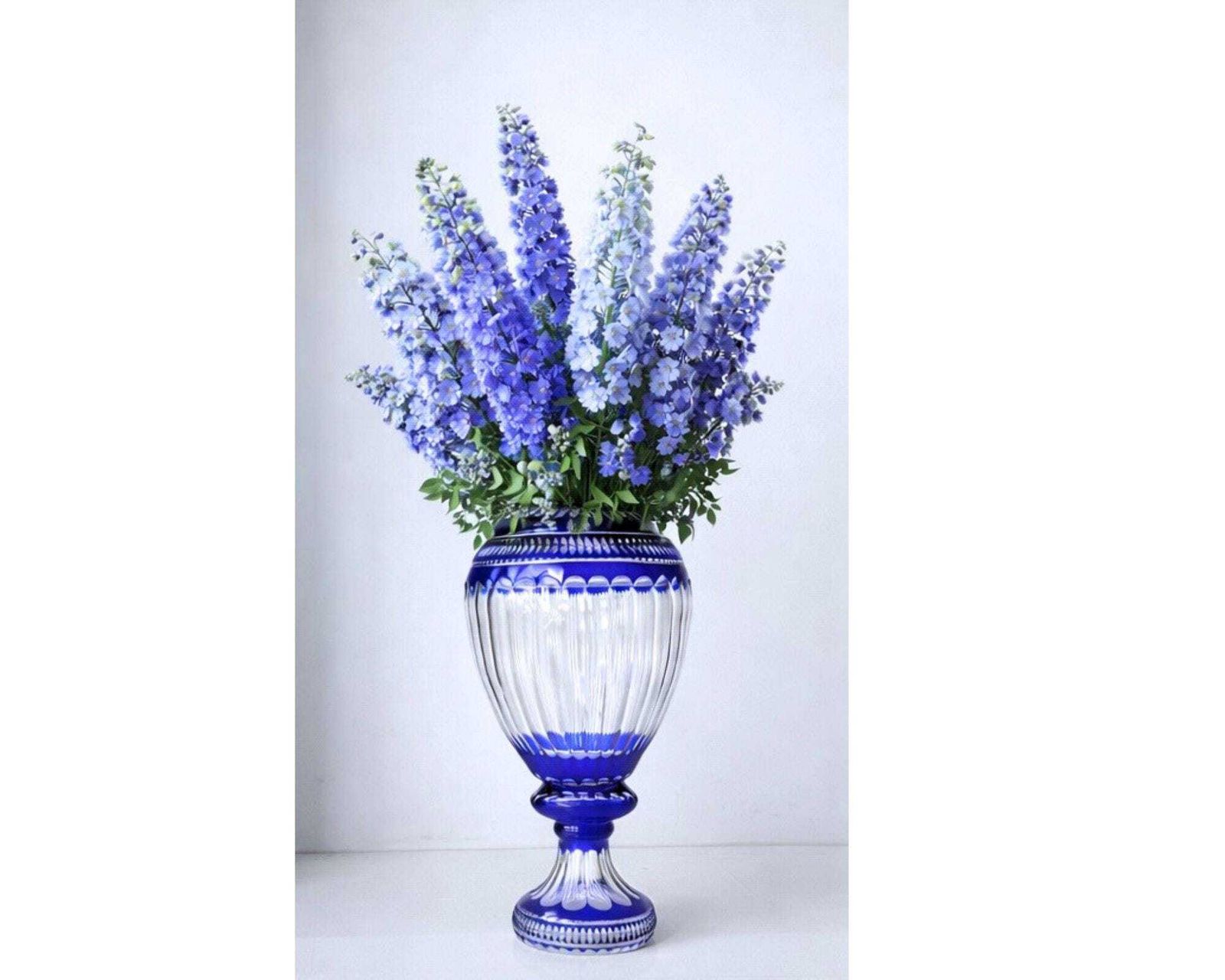 Monumental Lorraine Crystal Vase | 1 Pc | Blue Overlay Pedestal photo 1689.0