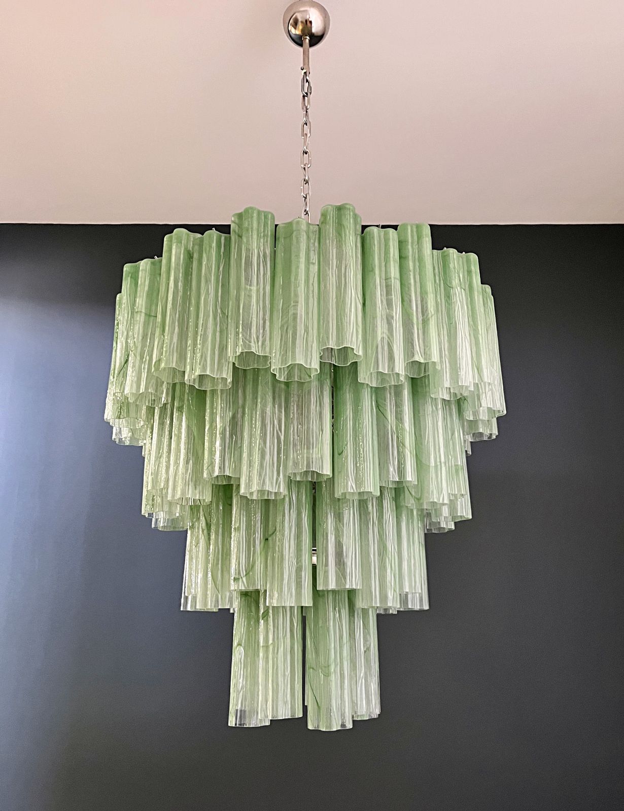 Huge Vintage Murano Glass Tiered Chandelier   80 Glasses   Green Alabaster Glass Tube photo Lighting