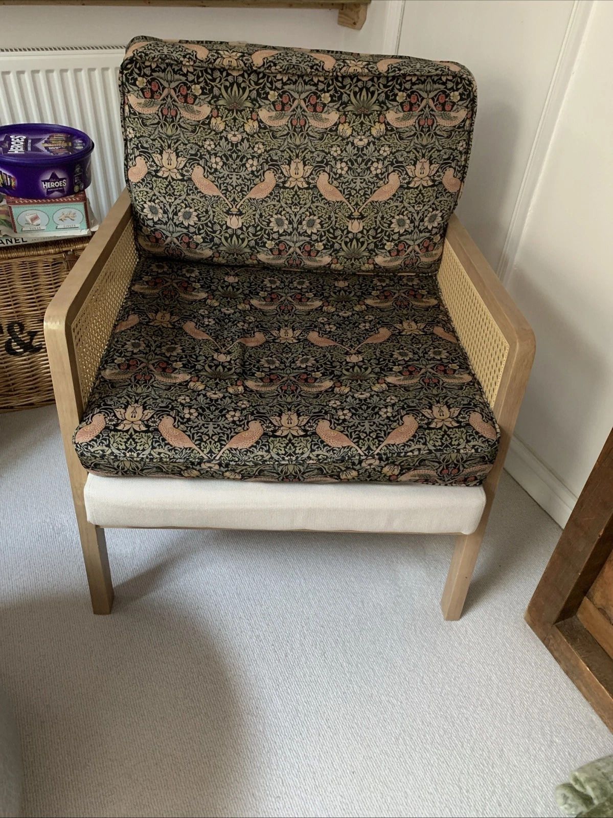 photo buy Rattan Beech Accent Arm Modern Lounge Chair William Morris Velvet Strawberry Thief