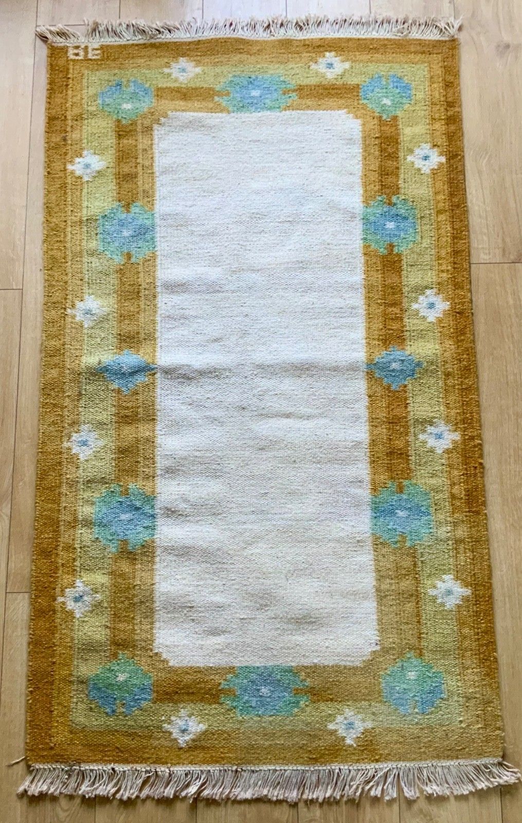 Swedish Wool Rug Flat Weave Kilim Rölakan Signed Ae 1960s