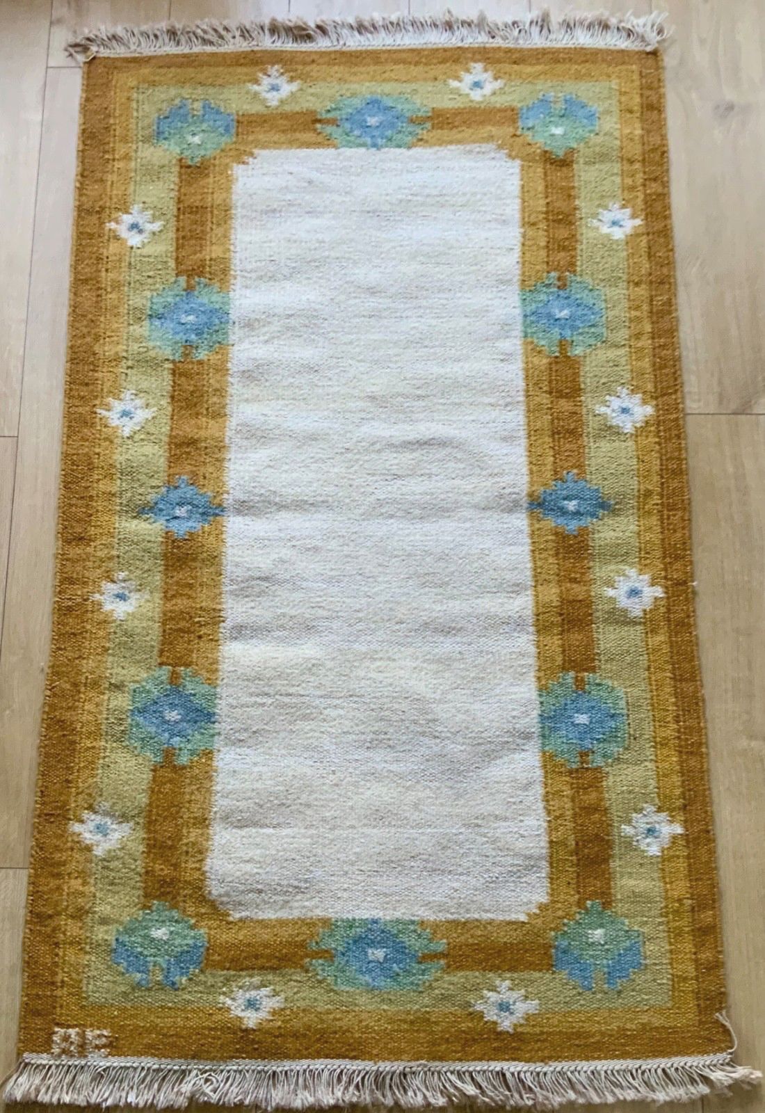 Swedish Wool Rug Flat Weave Kilim Rölakan Signed Ae 1960s photo 251.0