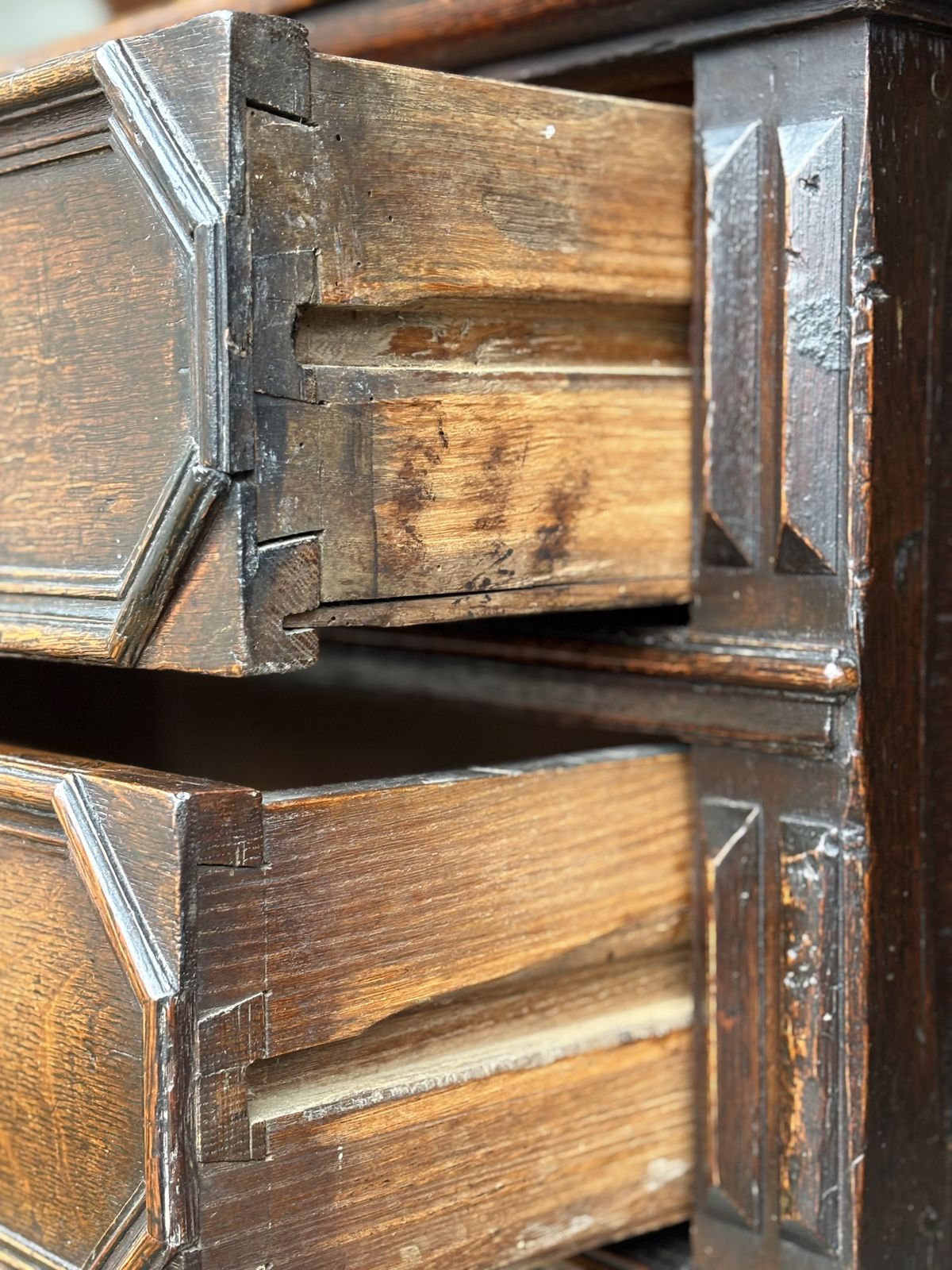 photo furniture 17th Century Charles II Period Jacobean Oak Geometric Chest Of Drawers