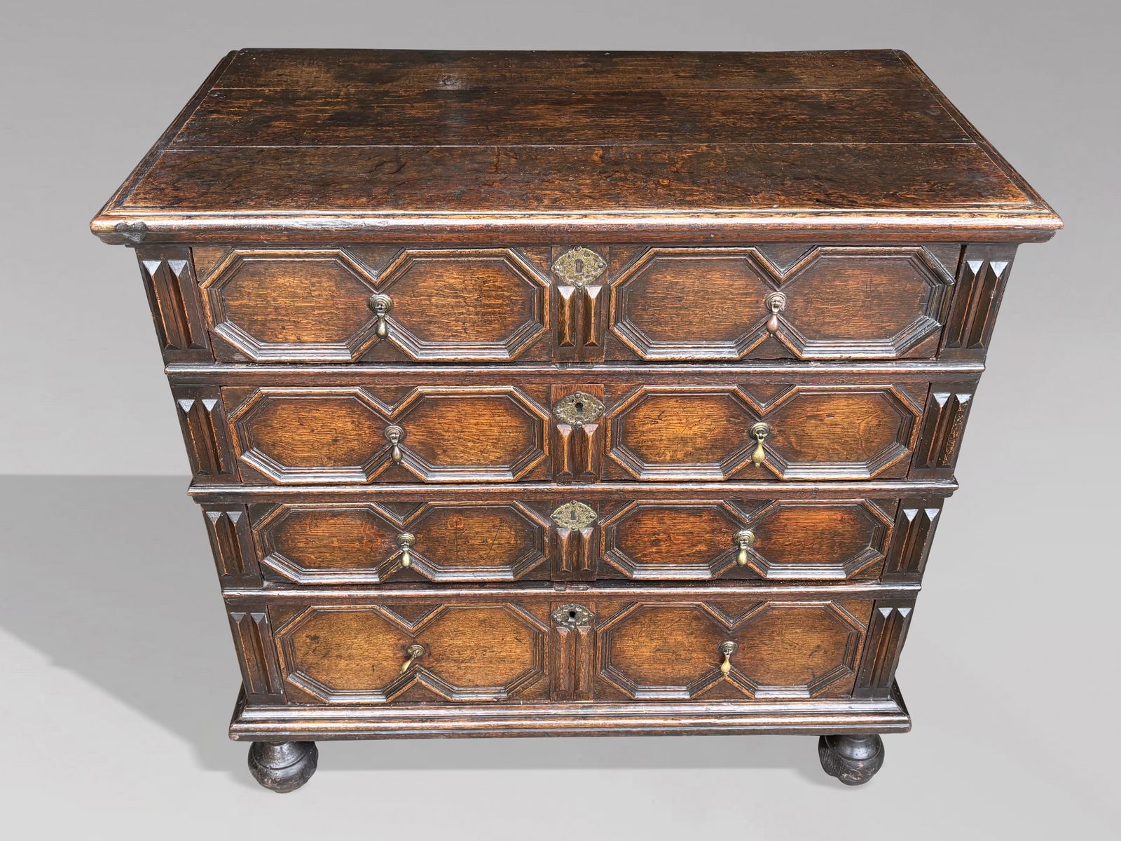 photo for sale 17th Century Charles II Period Jacobean Oak Geometric Chest Of Drawers