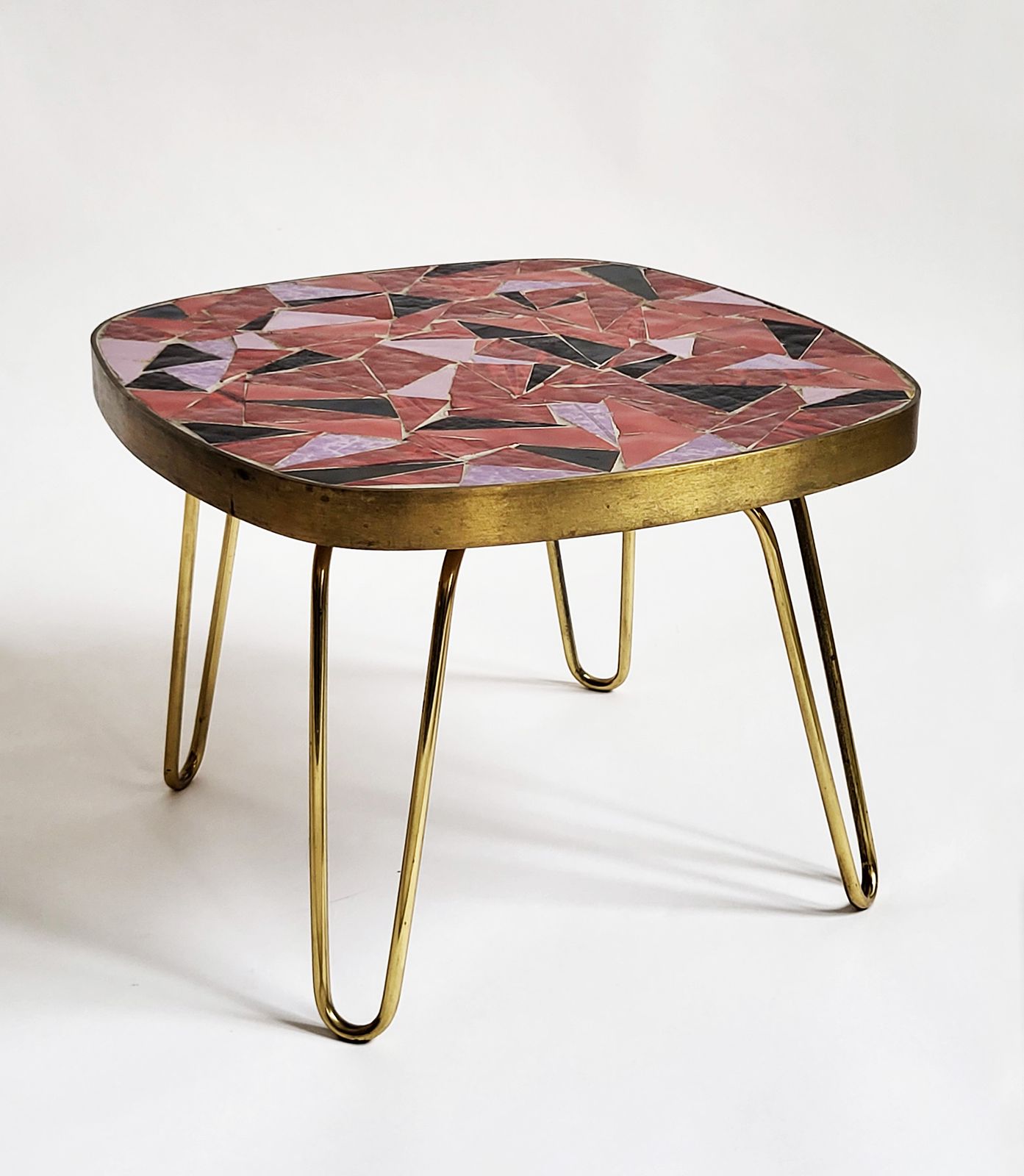 Mid Century Modern Mosaic & Brass Side Table With Hair Pin Legs, 1950s