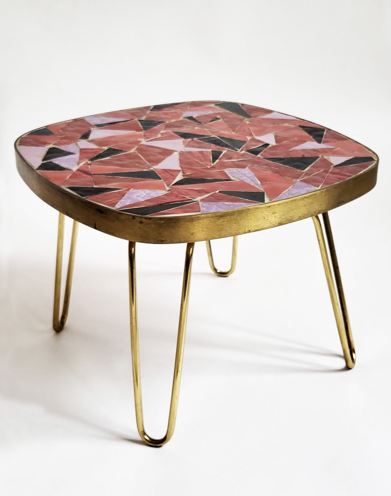 Mid Century Modern Mosaic & Brass Side Table With Hair Pin Legs, 1950s photo vintage