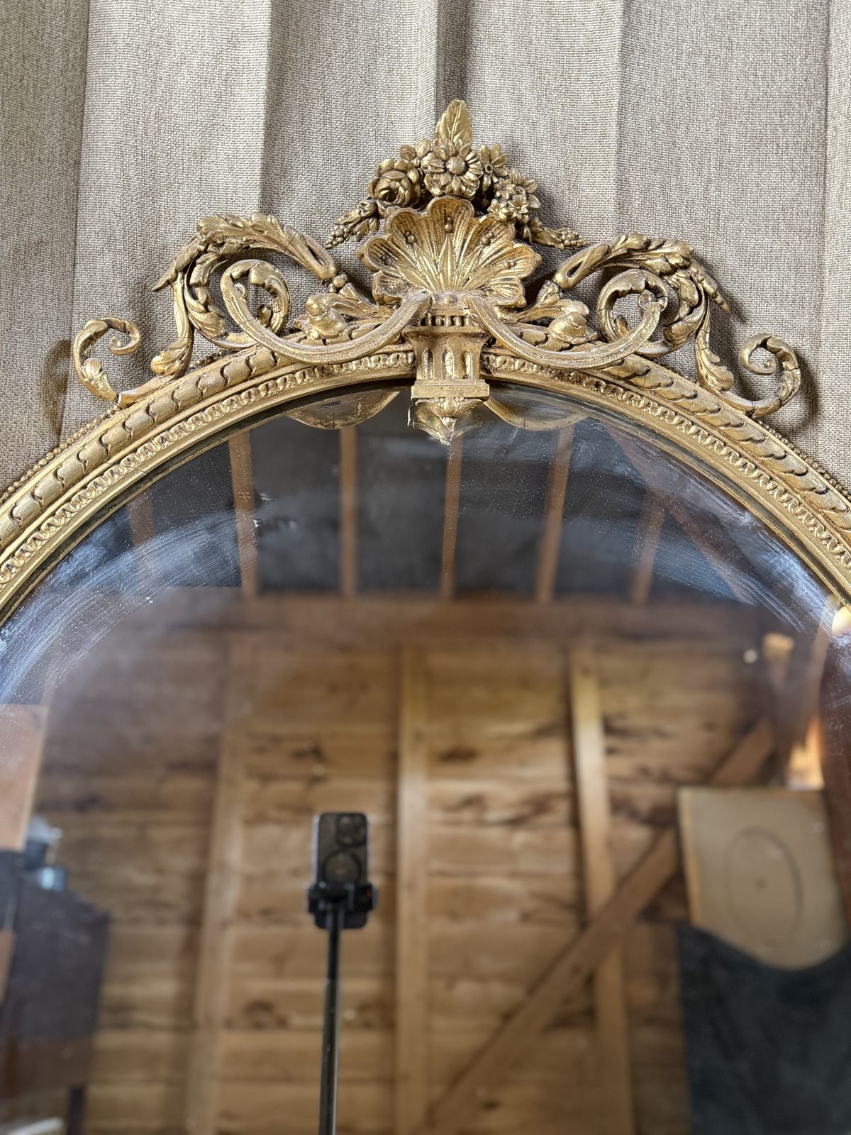 19th Century French Giltwood Oval Overmantel Mirror With Crest & Side Shelves photo for sale