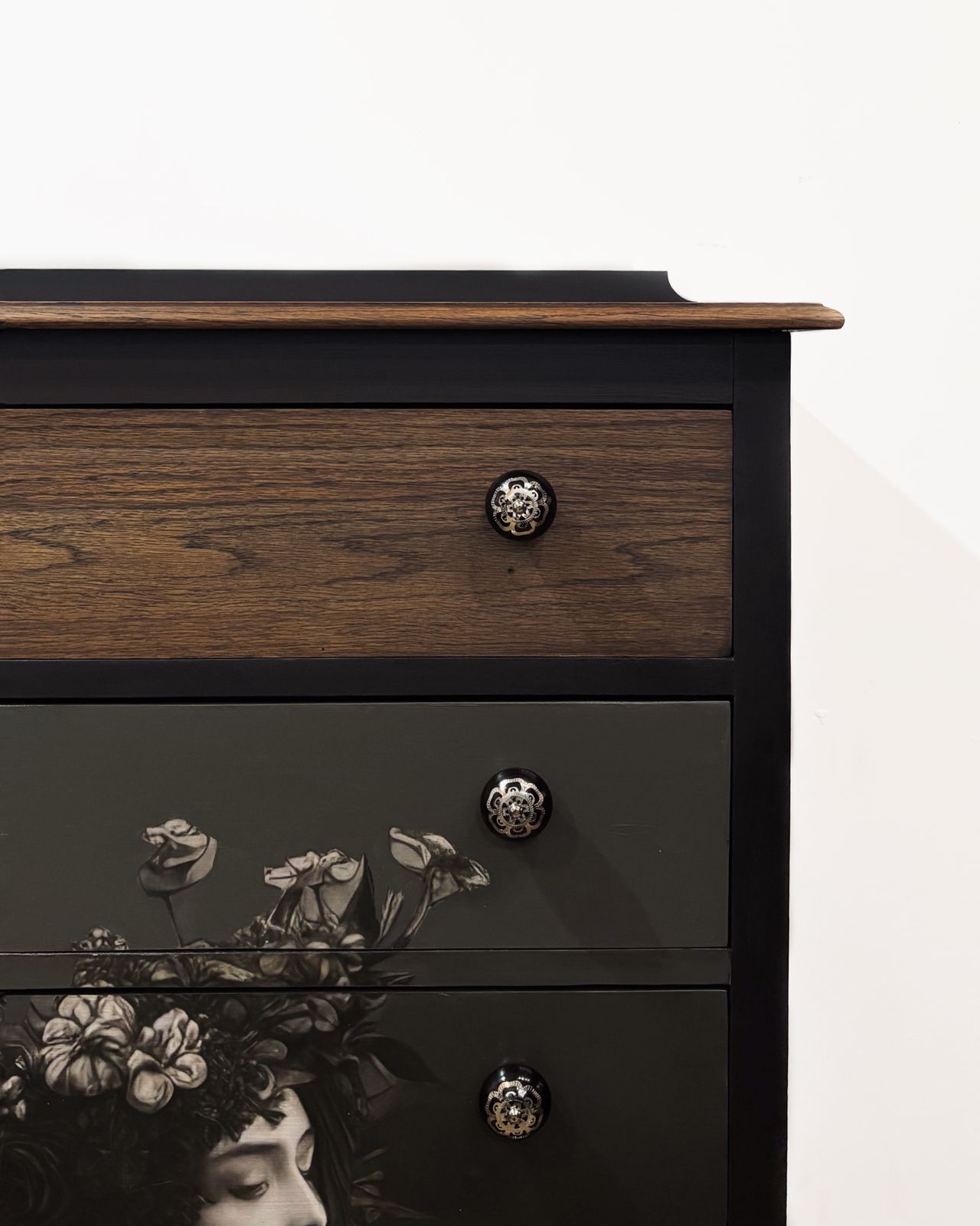 Chest Of Drawers Black And Dark Wood With Decoupage photo for sale