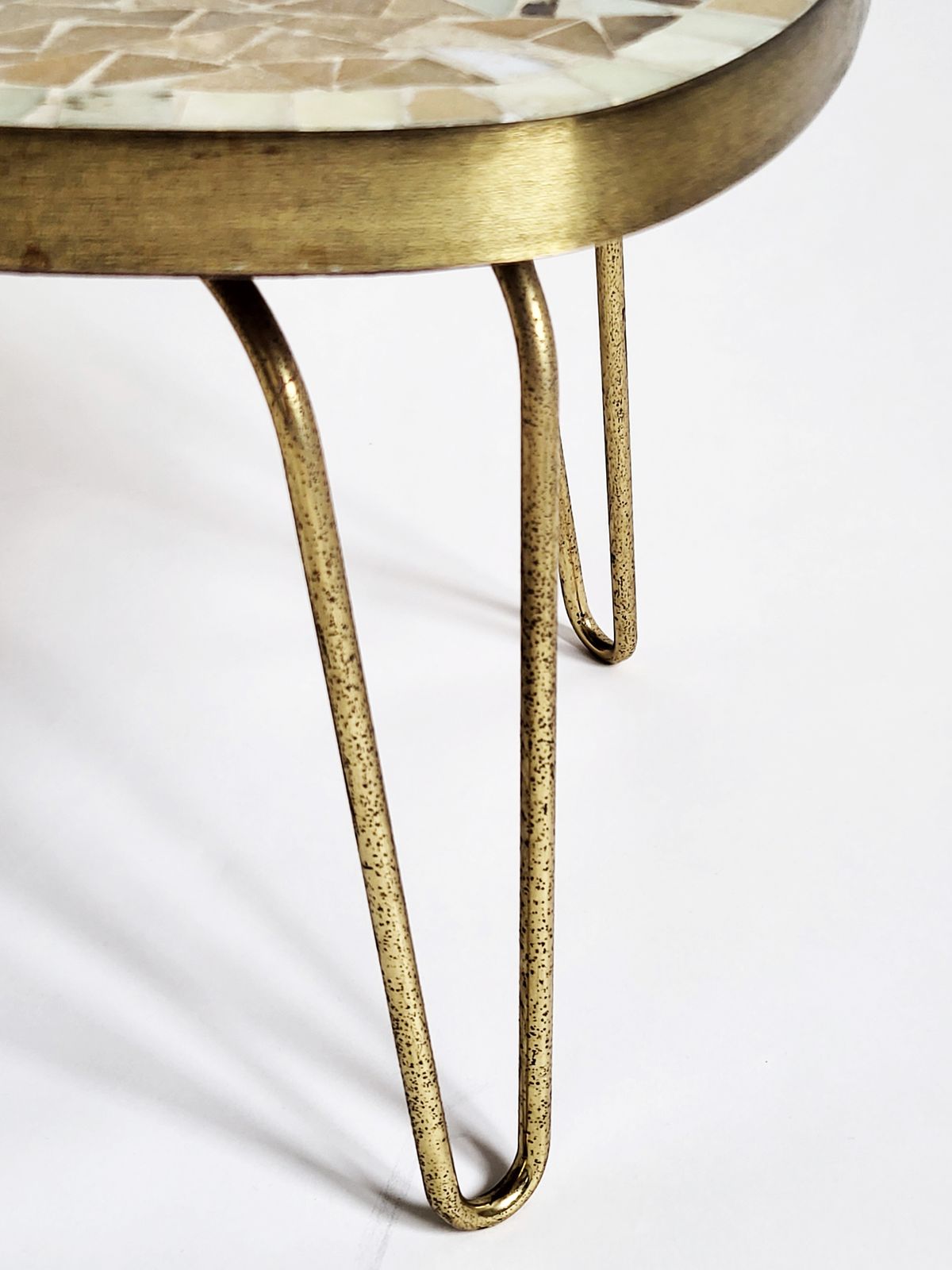 Mid Century Modern Mosaic & Brass Side Table With Hair Pin Legs, 1950s photo for sale