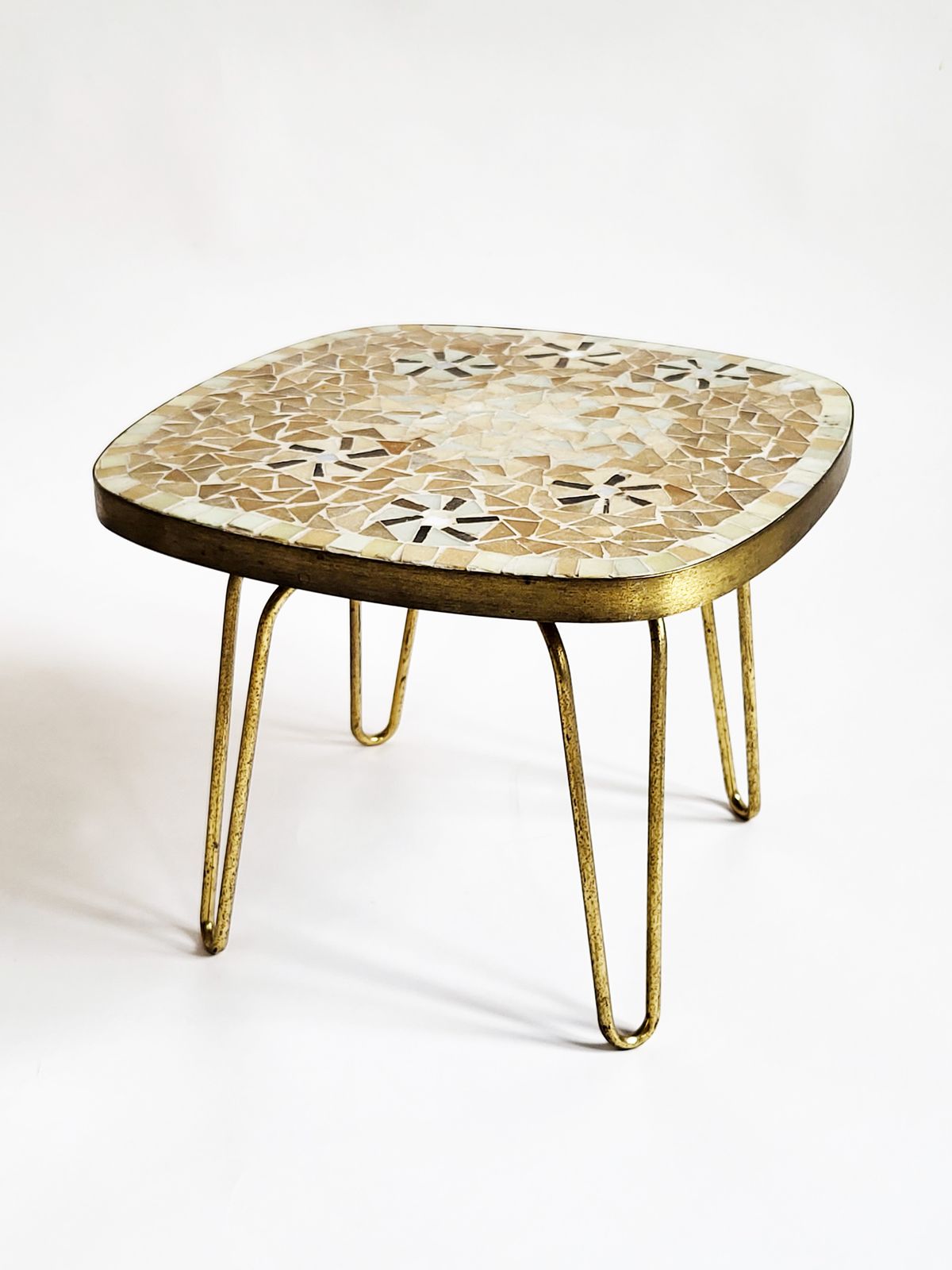 Mid Century Modern Mosaic & Brass Side Table With Hair Pin Legs, 1950s