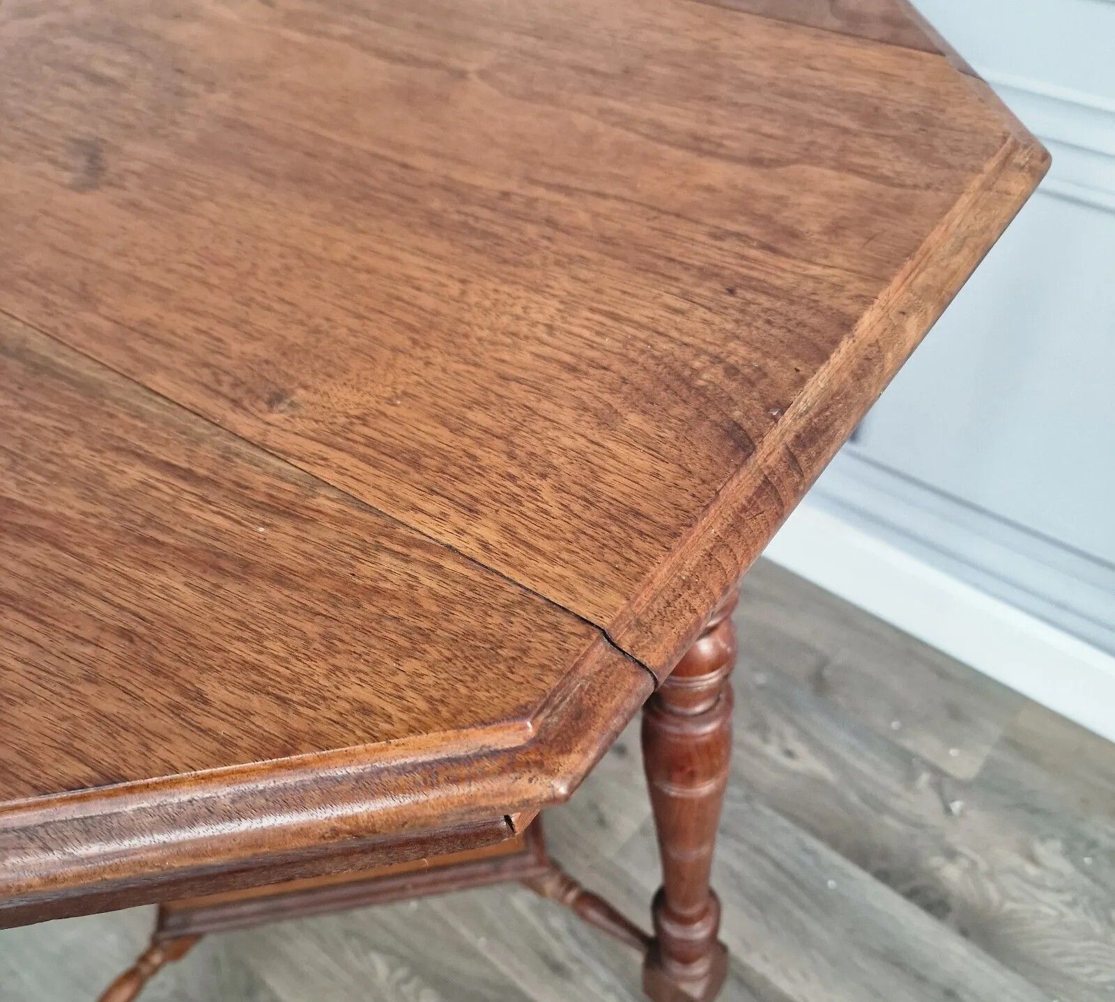 photo vinterior Antique Hall Table Wooden Arts & Crafts Octagonal 2 Tier Wood Window Side End