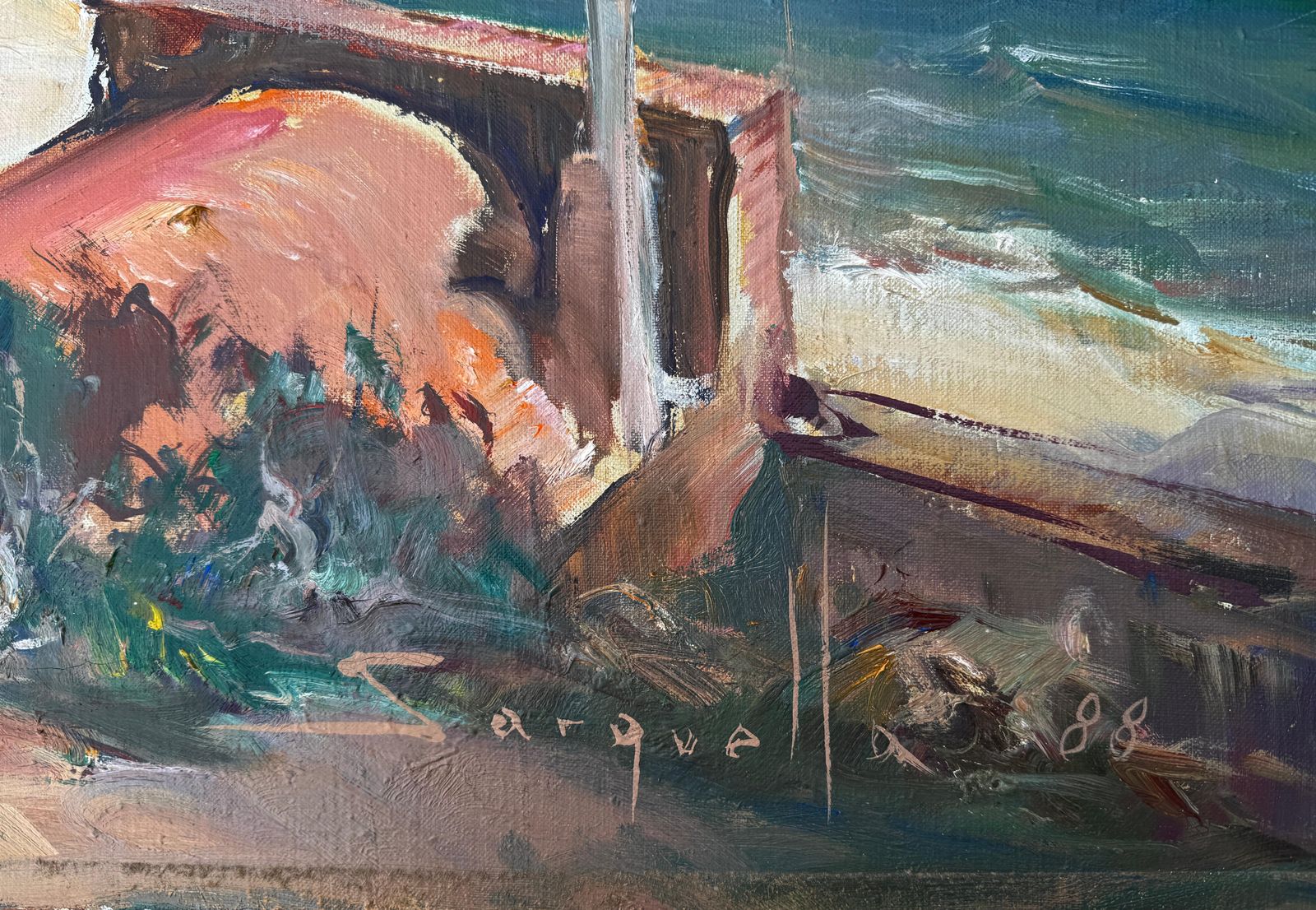 Josep Sarquella Escobet Panoramic View Of Cadaqués Costa Brava Spain Oil On Canvas Painting 1988 photo furniture