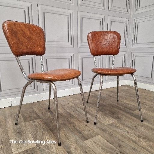 Pair Mid Century Chairs X2 Vintage French Chrome & Faux Brown Crocodile photo for sale