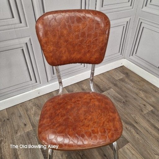 Pair Mid Century Chairs X2 Vintage French Chrome & Faux Brown Crocodile photo vinterior