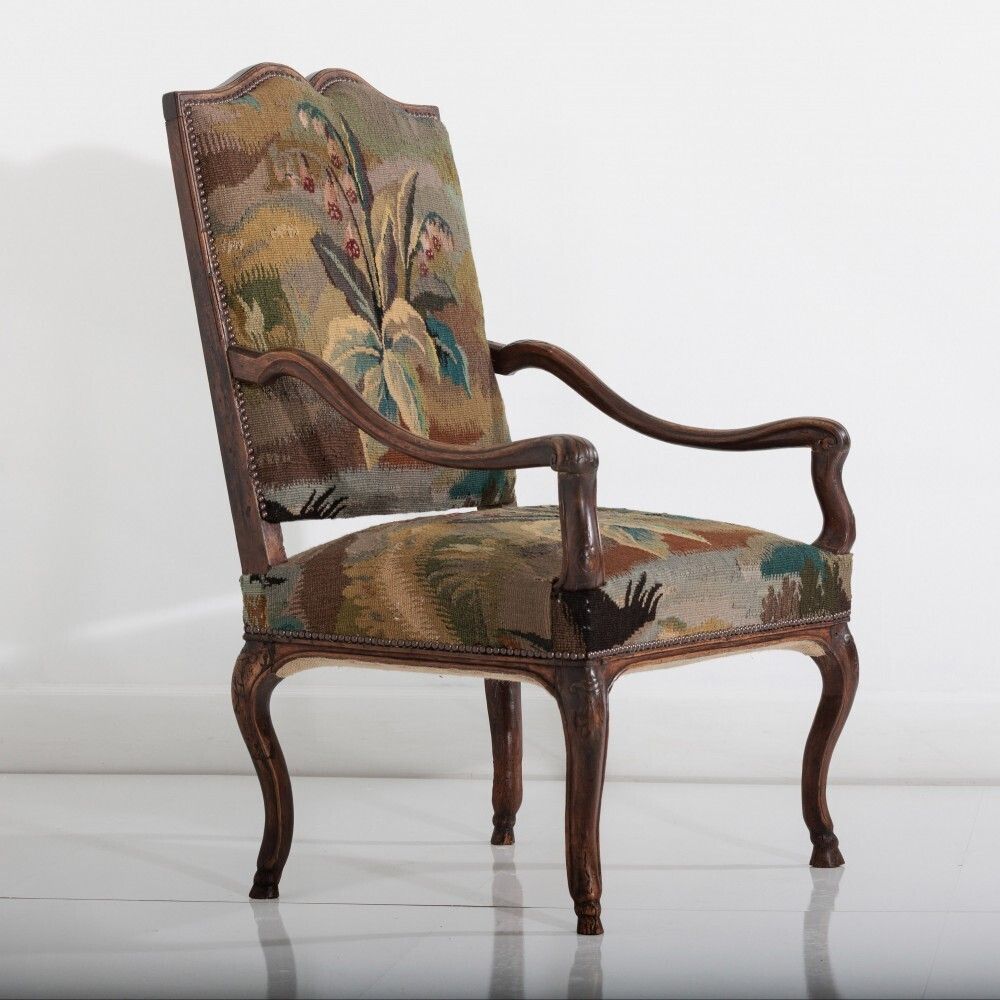 18th Century Walnut French Open Armchair In 19th Century Wild Strawberry Tapestry