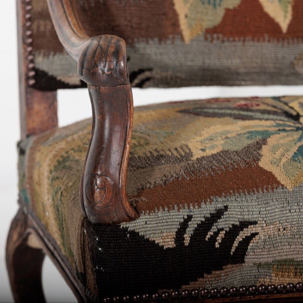 photo furniture 18th Century Walnut French Open Armchair In 19th Century Wild Strawberry Tapestry