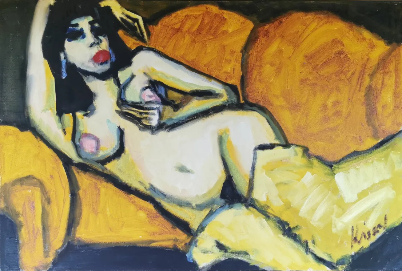 Gernot Kissel German 1939 2008, Reclining Nude Lady In Yellow Thigh High Boots, Original Large Oil On Canvas, Signed, Unframed