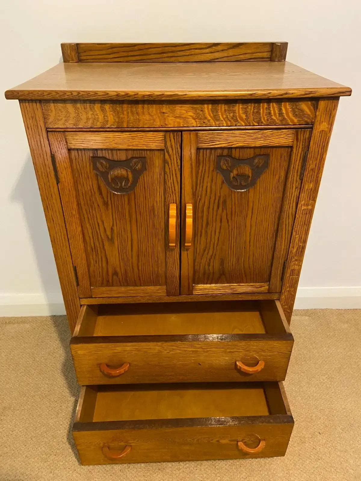 Art Deco 1930's Golden Oak Cabinet/Compactum On Castors With Bakelite Handles photo Furniture
