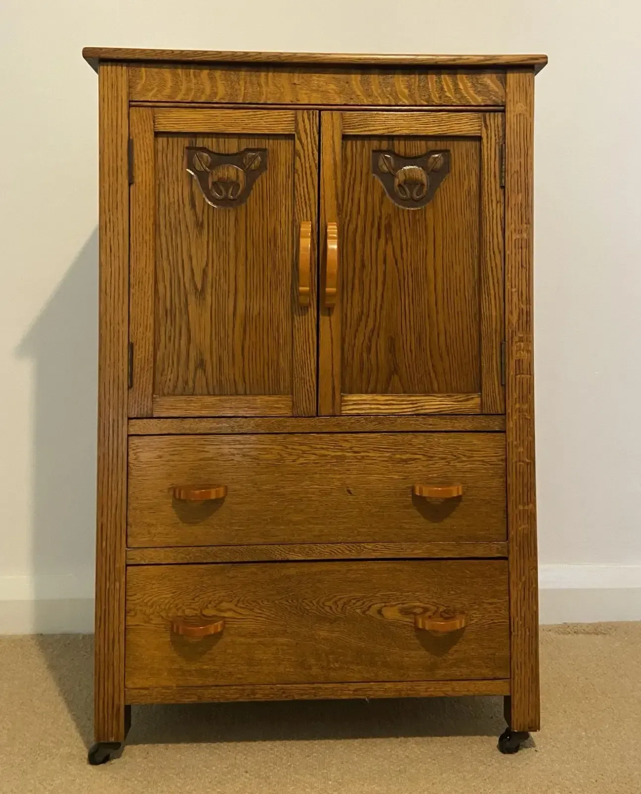 Art Deco 1930's Golden Oak Cabinet/Compactum On Castors With Bakelite Handles photo vinterior