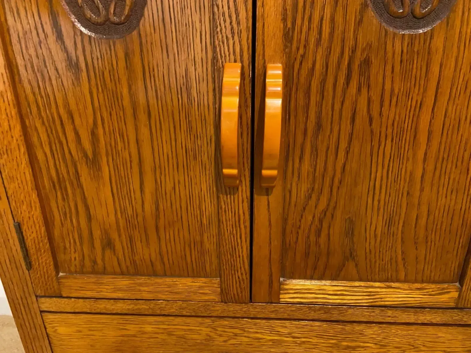 photo for sale Art Deco 1930's Golden Oak Cabinet/Compactum On Castors With Bakelite Handles
