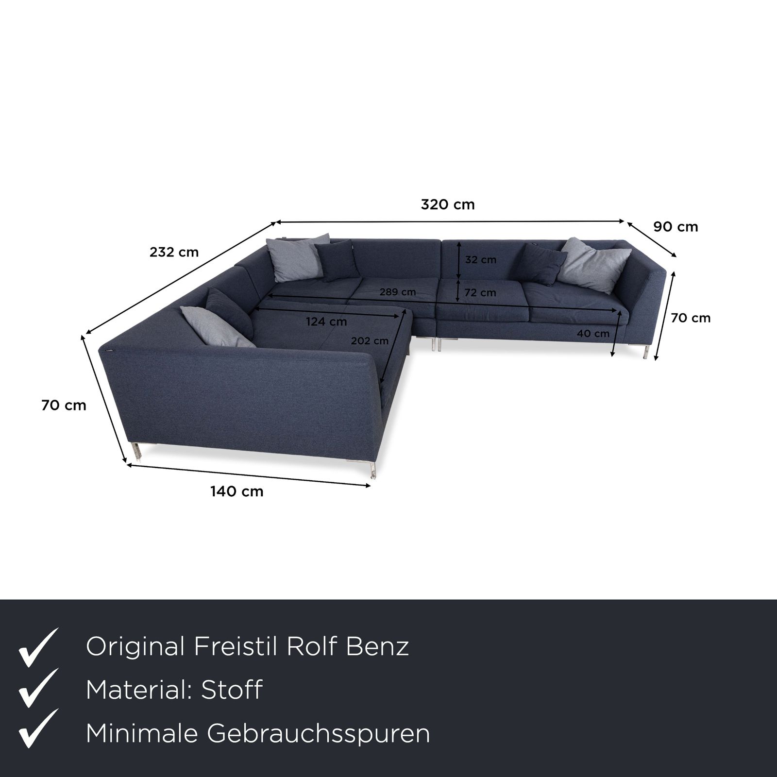 Freistil Rolf Benz 165 Fabric Corner Sofa Blue Grey Chrome photo furniture