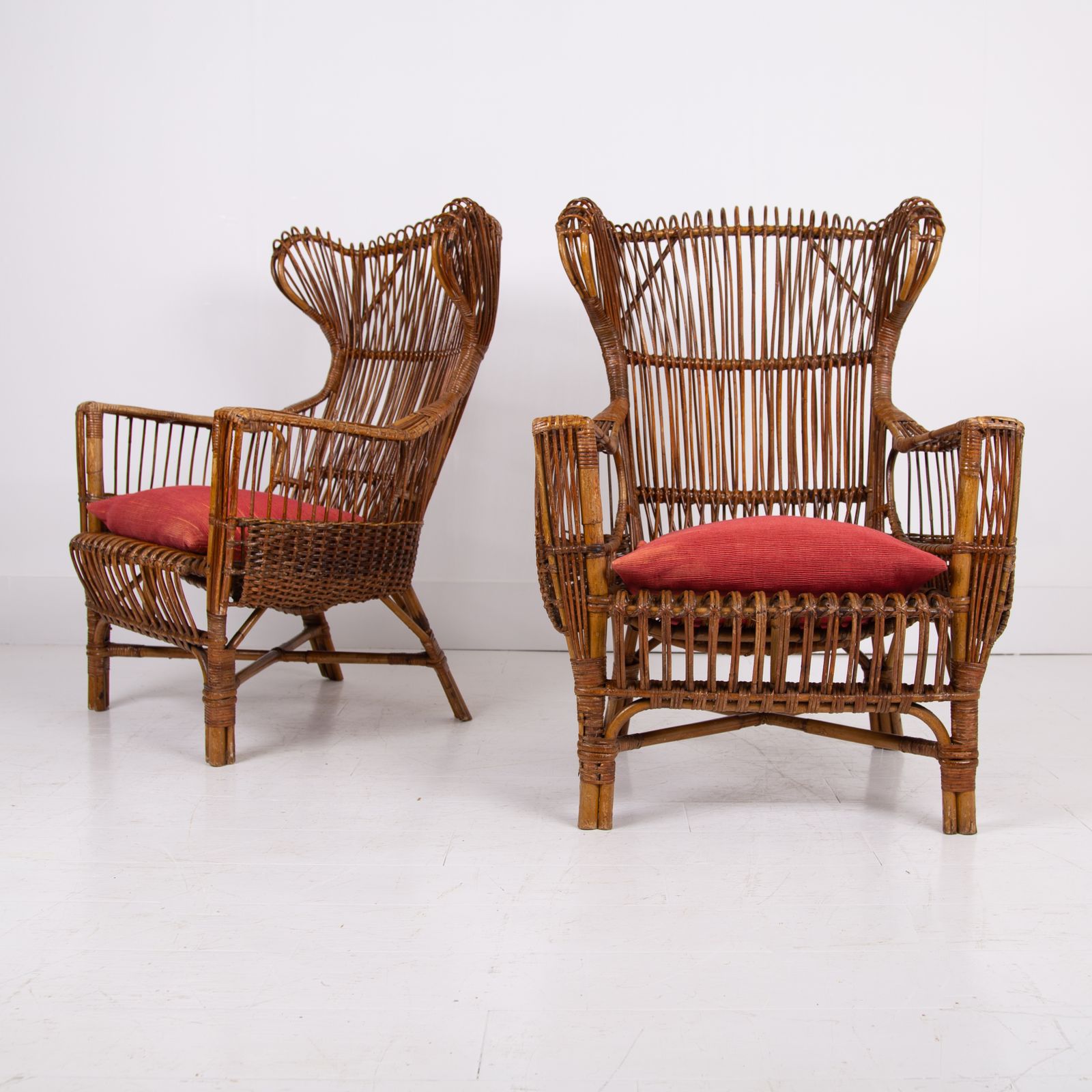 Pair Mid Century Italian Wicker & Bamboo Wingback Armchairs Fratelli Castano Milan C1970 photo furniture