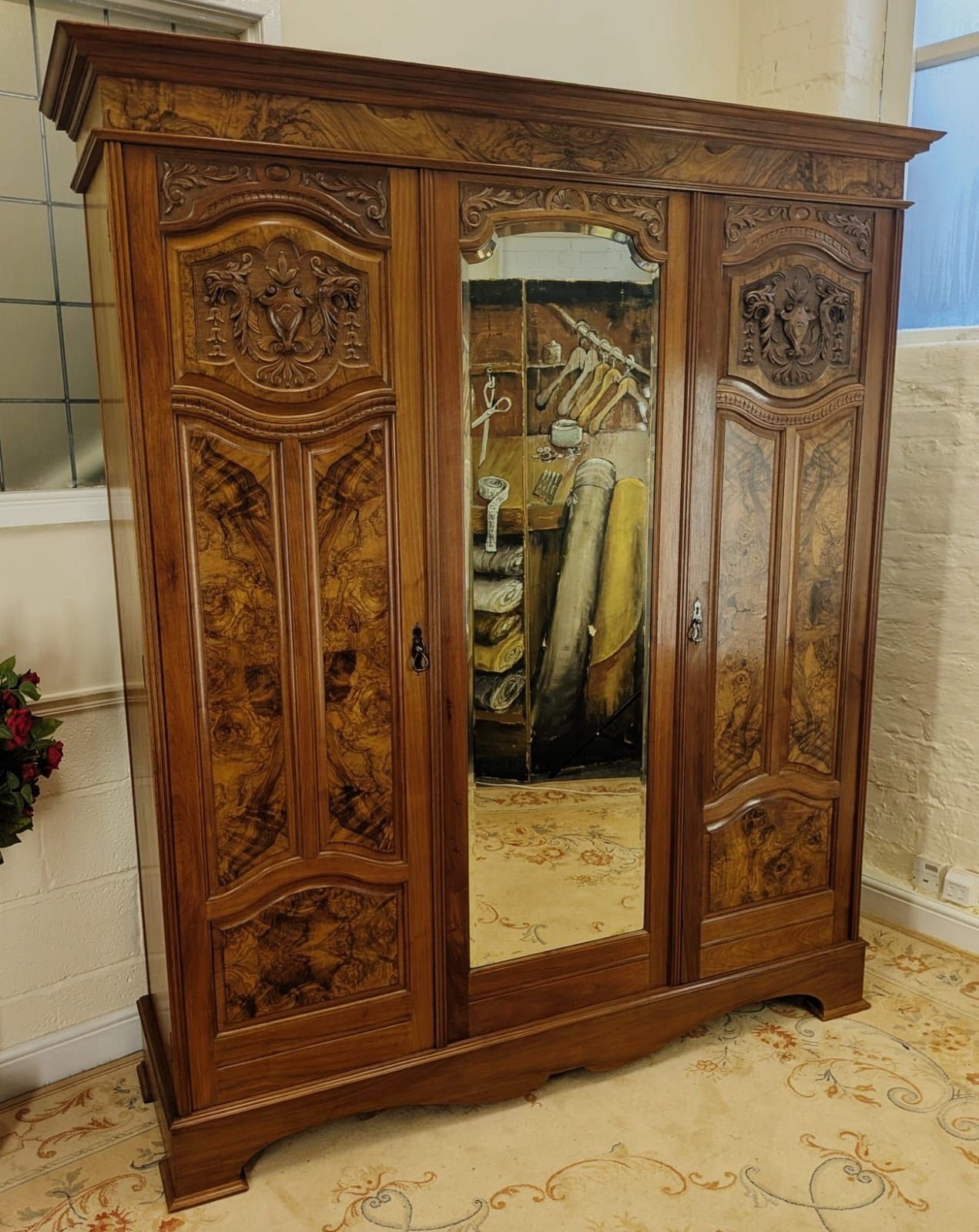 Large Edwardian Walnut & Burr Carved Double Wardrobe photo furniture