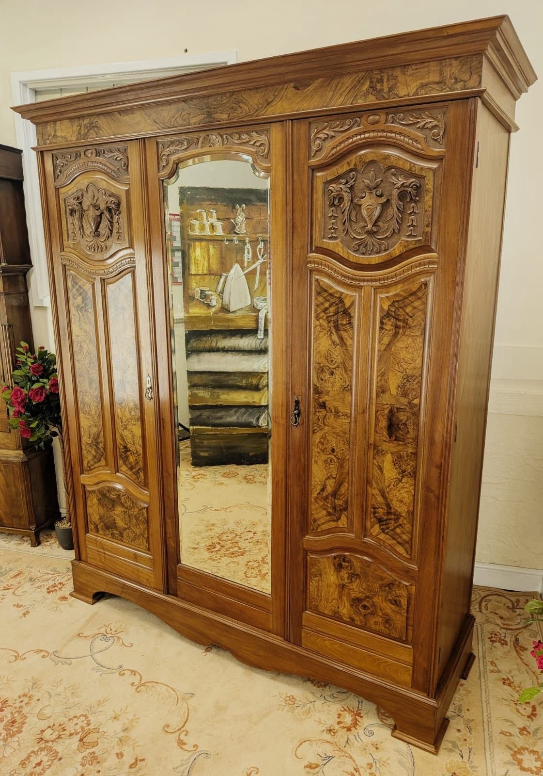 Large Edwardian Walnut & Burr Carved Double Wardrobe photo 1295.0