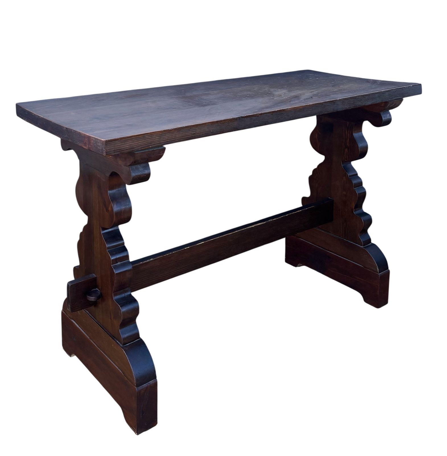 Spanish Rustic Trestle Console Table With Carved Pedestal Supports, 1940s