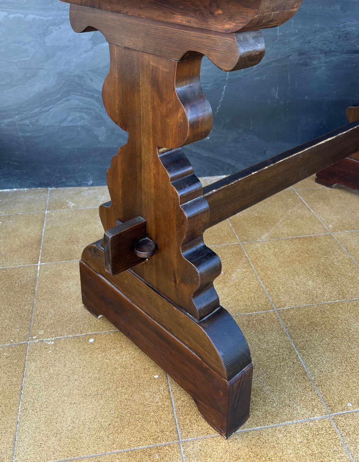 Spanish Rustic Trestle Console Table With Carved Pedestal Supports, 1940s photo 3950.0