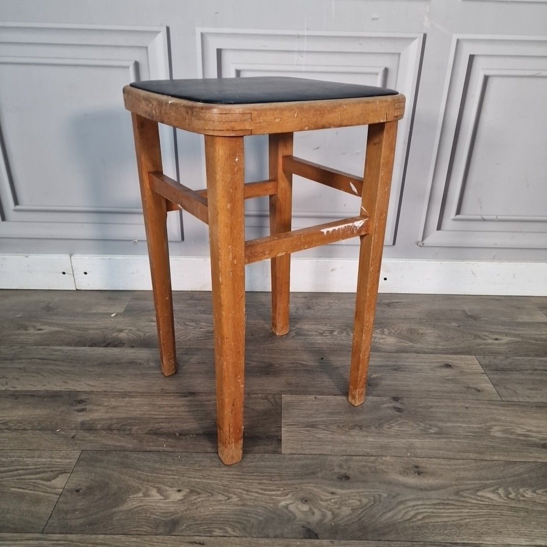 Vintage Vinyl Kitchen Stool Wooden Utility Seat Retro Bar Wooden Mid Century photo furniture