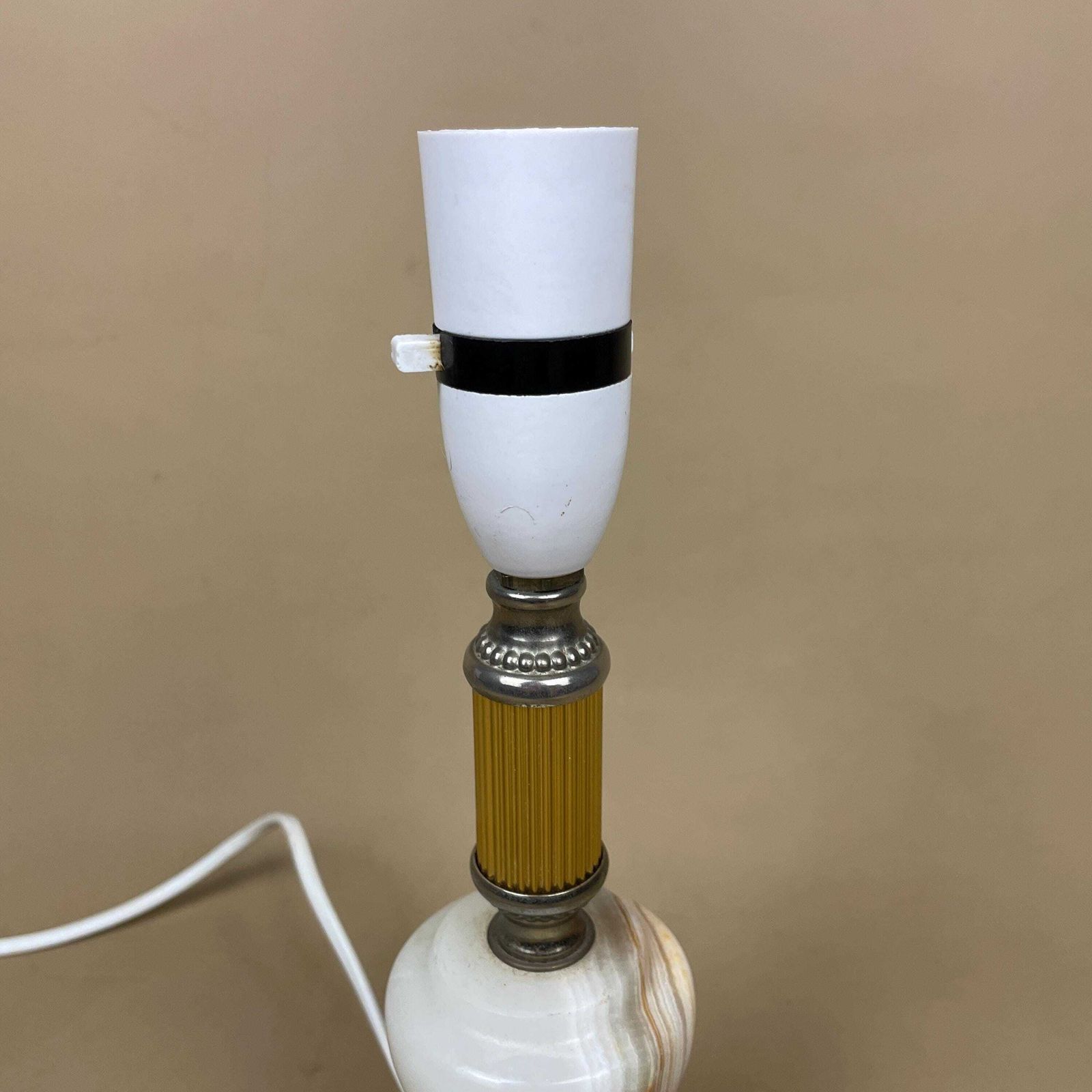 Antique Onyx Marble Lamp Light Bedside Side Table Desk Marbled Patterned Vintage Downton Stone Gold Metal Pillar Classic Natural Beige photo for sale