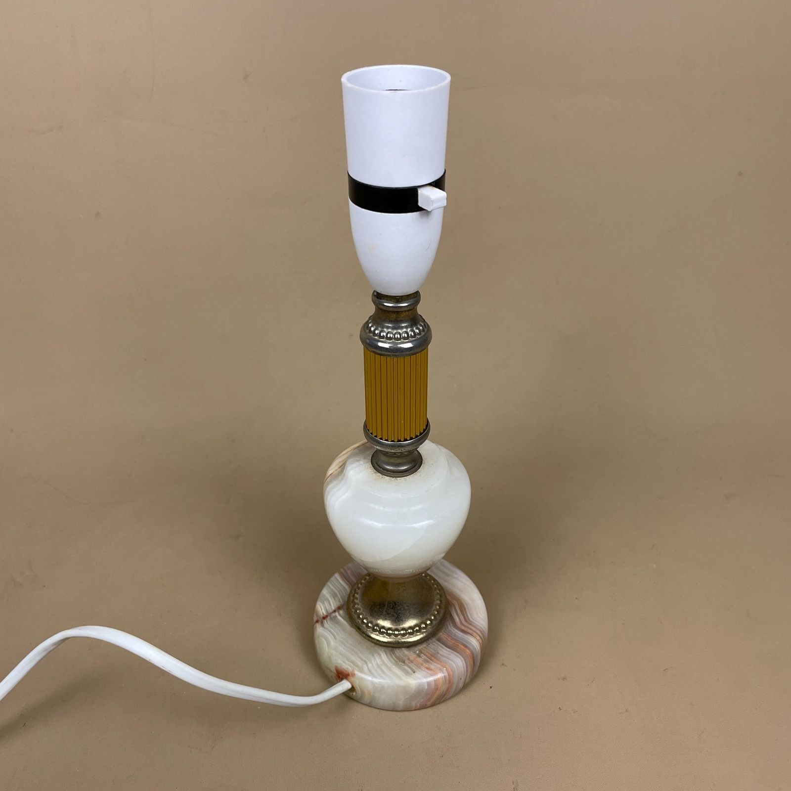 Antique Onyx Marble Lamp Light Bedside Side Table Desk Marbled Patterned Vintage Downton Stone Gold Metal Pillar Classic Natural Beige photo 75.0